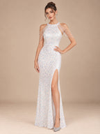 Women’s Burgundy Glamorous Sequin Halter Neck Sleeveless High Slit Mermaid Maxi Dress with Beaded Fringe