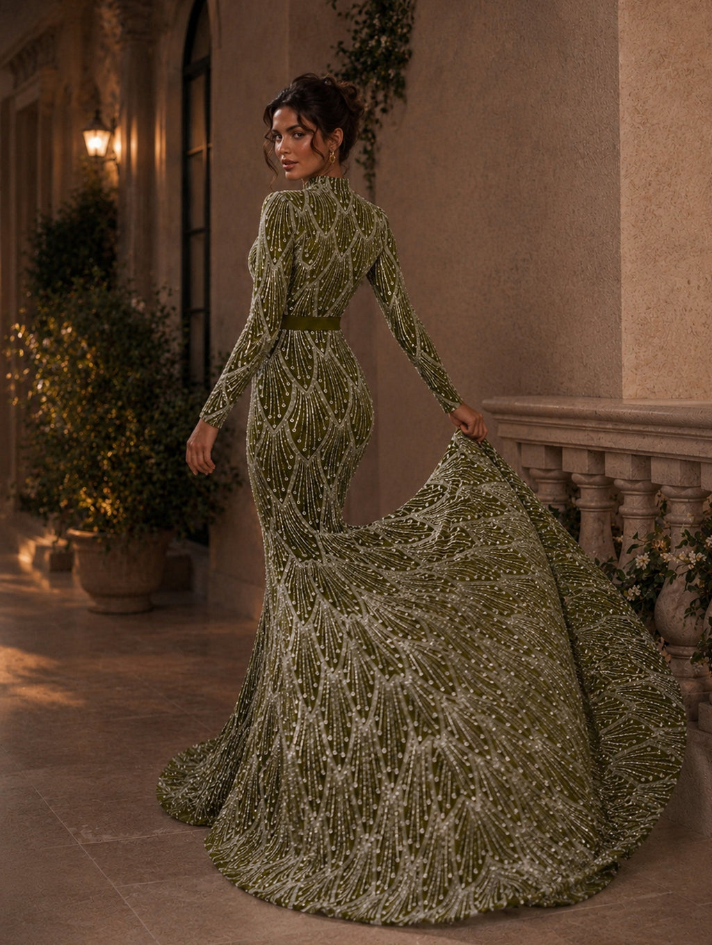 Women’s Olive Green Elegant Sequin Stand Collar Long Sleeve Regular Mermaid Maxi Dress with Beaded Detail