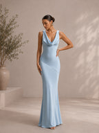 Women’s Burgundy Satin Cowl Neck Sleeveless Slim Mermaid Maxi Dress