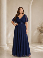 Women’s White Graceful Chiffon V Neck Flutter Short Sleeve A-Line Maxi Dress with Pleated Bodice Detail