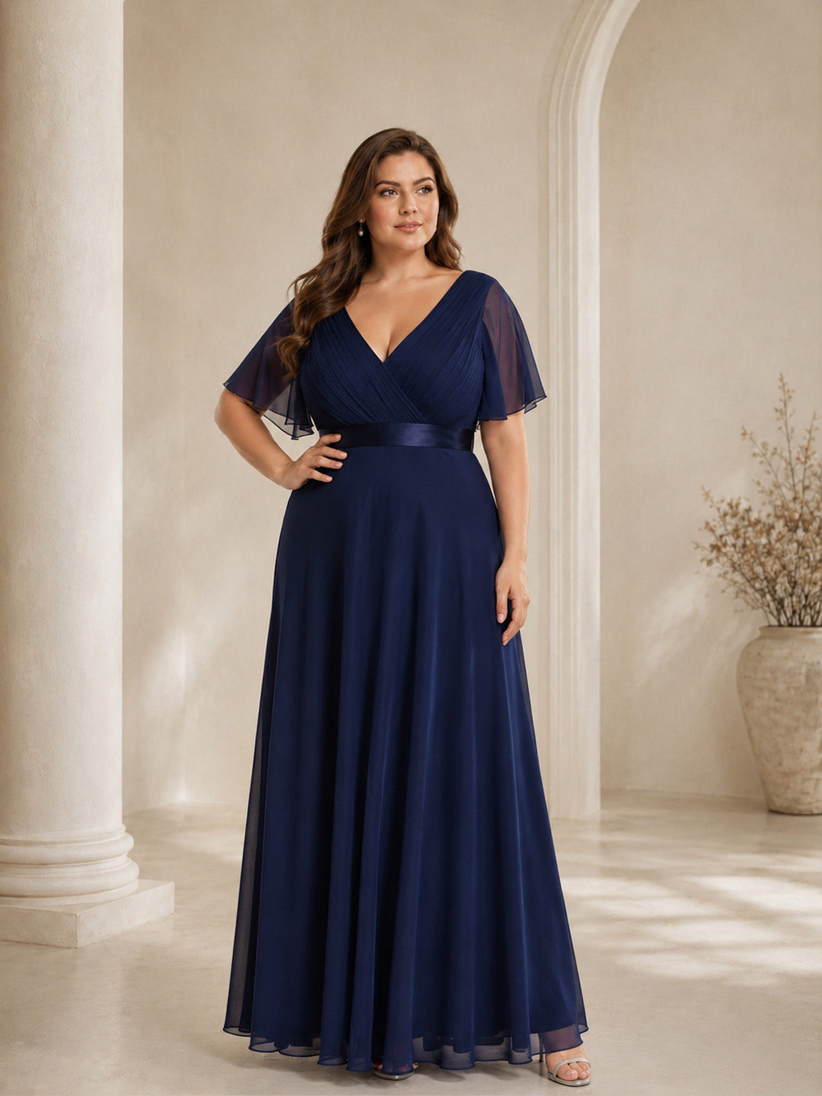 Women’s White Graceful Chiffon V Neck Flutter Short Sleeve A-Line Maxi Dress with Pleated Bodice Detail