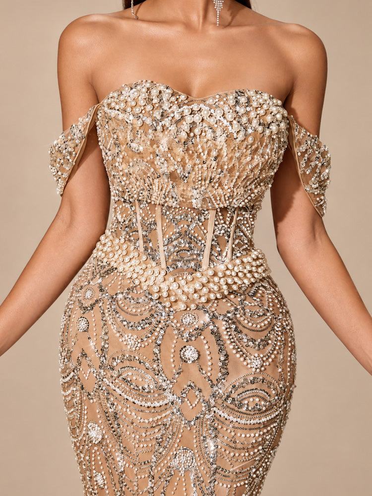 Women’s Champagne Elegant Sequin Mesh Off Shoulder Sleeveless Mermaid Maxi Dress with Crystal Bead Embroidery