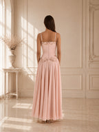 Women’s Pink Elegant Lace Embroidered Spaghetti Strap High Slit Maxi Dress
