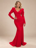 Women’s Red Elegant V-Neck Long Puff Sleeve Mermaid Maxi Dress with Ruched Bodice and Ruffle Shoulder Detail