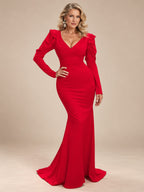 Women’s Red Elegant V-Neck Long Puff Sleeve Mermaid Maxi Dress with Ruched Bodice and Ruffle Shoulder Detail