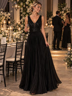 Women’s Black Elegant Sequin V-Neck Sleeveless Pleated A-Line Maxi Dress with Ruched Waist Detail