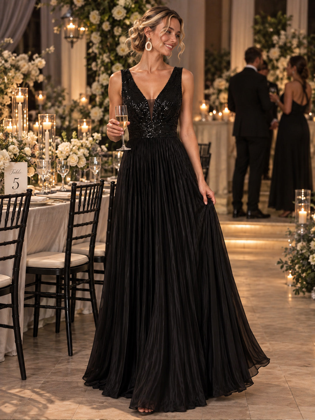 Women’s Black Elegant Sequin V-Neck Sleeveless Pleated A-Line Maxi Dress with Ruched Waist Detail