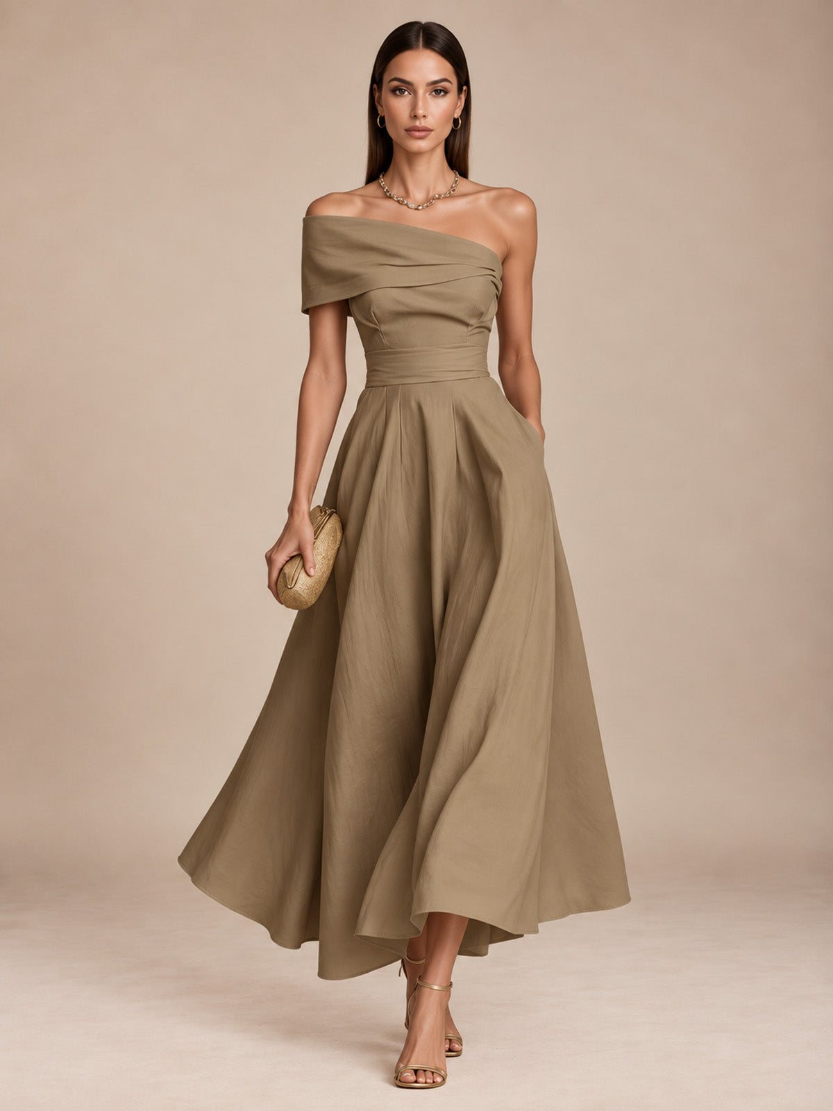 Women’s Yellow Elegant Satin One Shoulder Short Sleeve A-Line Midi Dress with Pockets