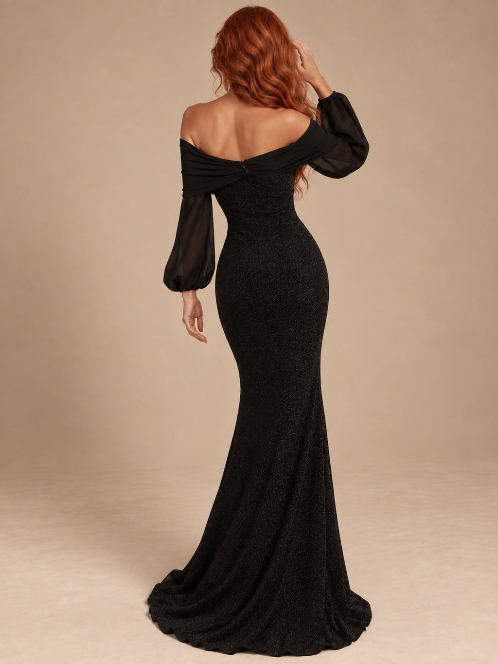 Women’s Black Elegant Sequin Off Shoulder Long Sleeve Mermaid Maxi Dress with Ruched Bodice Detail
