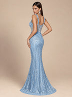 Women’s Light Blue Elegant Crystal Mesh Square Neck Sleeveless Mermaid Maxi Dress with Bead Embroidery