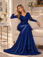 Women’s Silver Elegant Sequin V-Neck Long Sleeve A-Line Maxi Dress with Ruched Waist