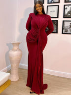 Women’s Burgundy Elegant Ruched Round Neck Long Sleeve Mermaid Maxi Dress with Draped Waist