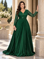 Women’s Emerald Green Elegant Sequin V-Neck Long Sleeve Pleated A-Line Maxi Dress with Embellished Waist Detail