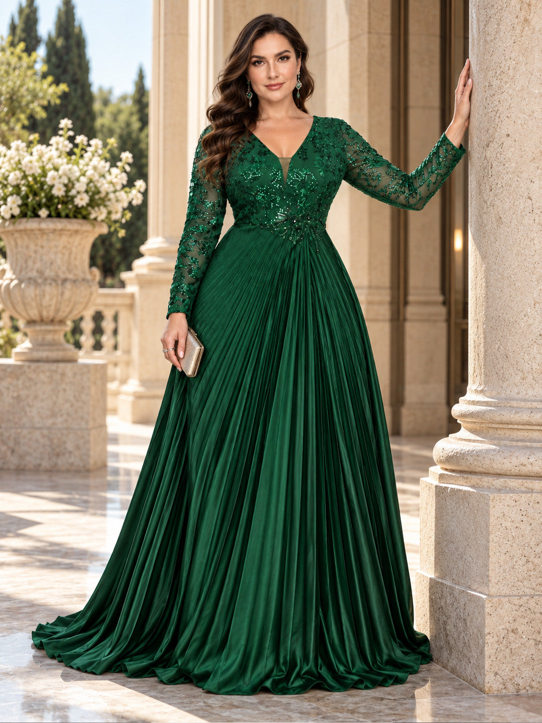 Women’s Emerald Green Elegant Sequin V-Neck Long Sleeve Pleated A-Line Maxi Dress with Embellished Waist Detail