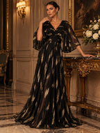 Women's Glamorous Black and Gold Metallic Print V-Neck Flutter Sleeve A-Line Maxi Evening Dress