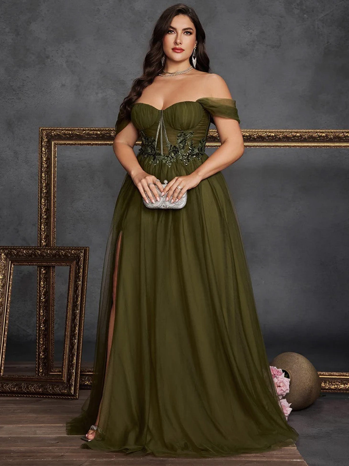 Women’s Olive Green Elegant Tulle Off Shoulder Short Sleeve A-Line Maxi Dress with Floral Appliqué