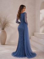 Women’s Gray Blue Elegant Woven Sweetheart Neck Long Sleeve Regular Mermaid Maxi Dress with High Slit