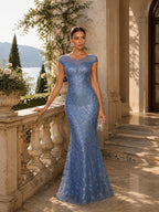 Women’s Blue Floral Lace Mesh Round Neck Short Sleeve Slim Mermaid Maxi Dress