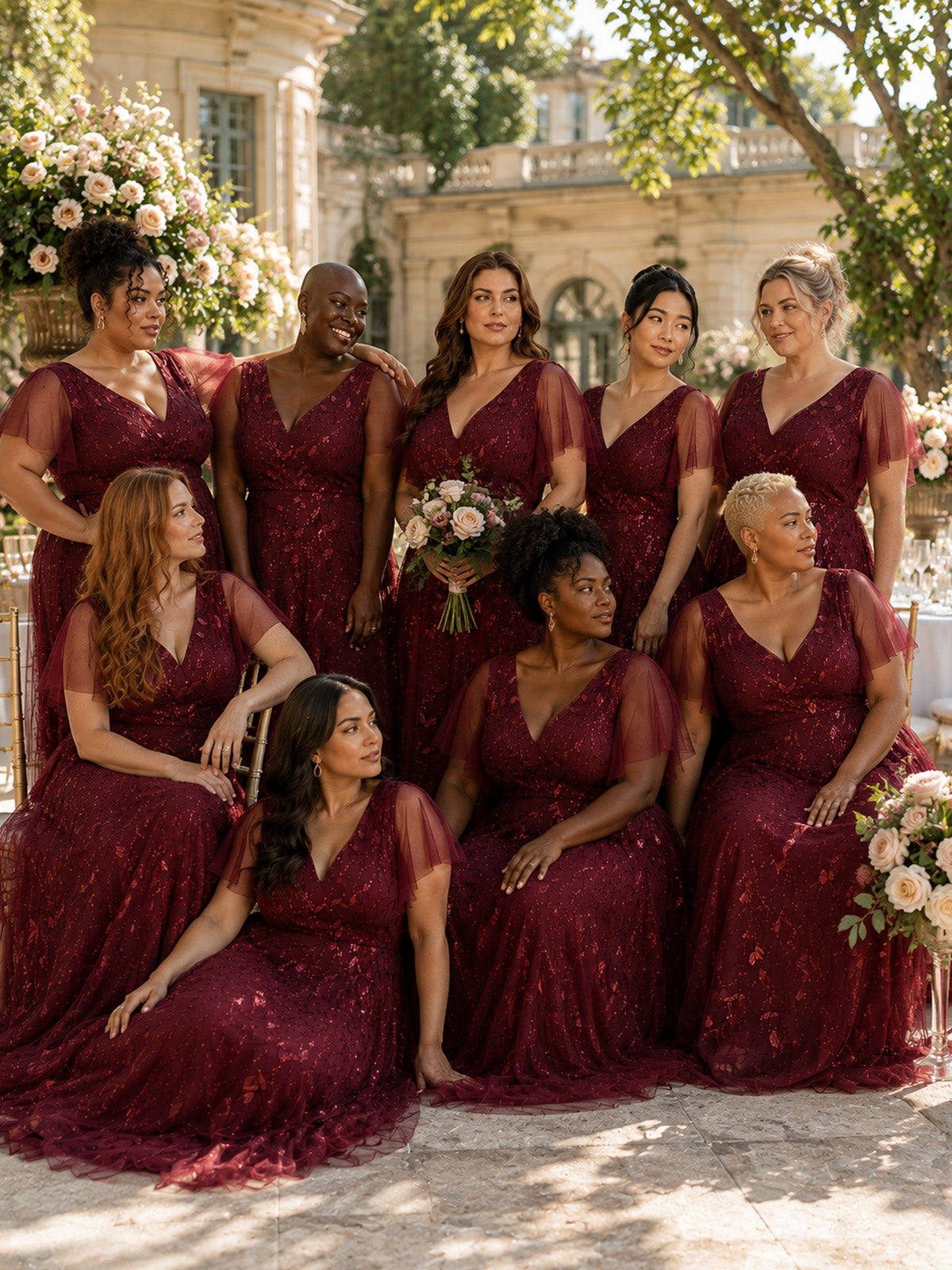 Women’s Burgundy Glamorous Sequin Mesh V Neck Flutter Short Sleeve A-Line Maxi Dress with Embellished Detail