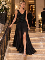 Women’s Black Glamorous Sequin V-Neck Sleeveless A-Line Maxi Dress with Sheer Pleated Skirt and High Slit