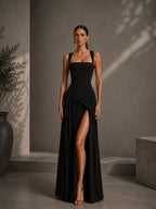 Women’s Olive Green Elegant Stretch Woven Square Neck Sleeveless Slim Maxi Dress