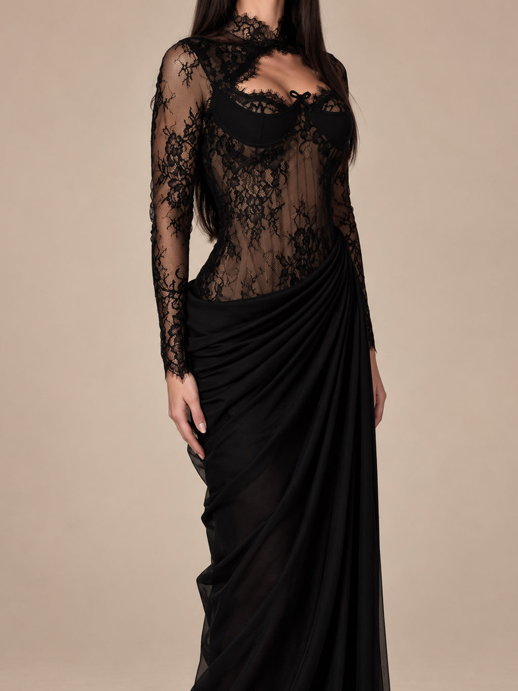 Women’s Black Gothic Elegant Floral Lace High Neck Long Sleeve Sheer Mermaid Maxi Dress with Ruched Draped Detail
