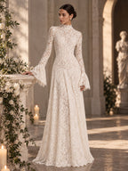 Women’s Ivory Elegant Floral Lace High Neck Long Bell Sleeve A-Line Maxi Dress with Ruffle Cuff Detail