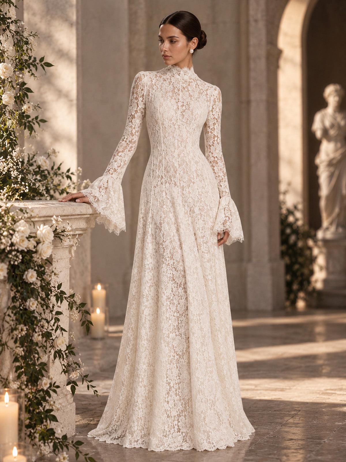 Women’s Ivory Elegant Floral Lace High Neck Long Bell Sleeve A-Line Maxi Dress with Ruffle Cuff Detail