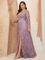Women’s Dusty Mauve Elegant Floral Lace V-Neck Long Sleeve A-Line Maxi Dress with High Slit