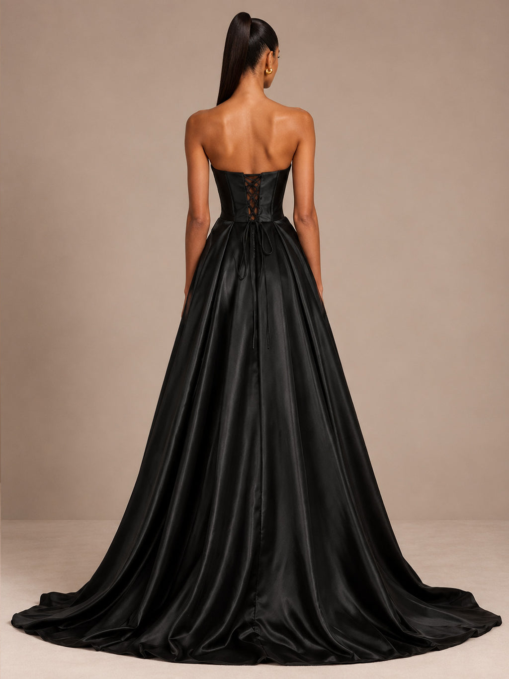 Women’s Black Glamorous Satin Strapless Sweetheart Neck Sleeveless A-Line Maxi Dress with Sequin Detail, Corset Waist and High Slit