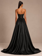 Women’s Black Glamorous Satin Strapless Sweetheart Neck Sleeveless A-Line Maxi Dress with Sequin Detail, Corset Waist and High Slit