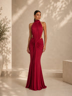 Women’s Brown Draped Jersey Halter Neck Sleeveless Slim Mermaid Maxi Dress