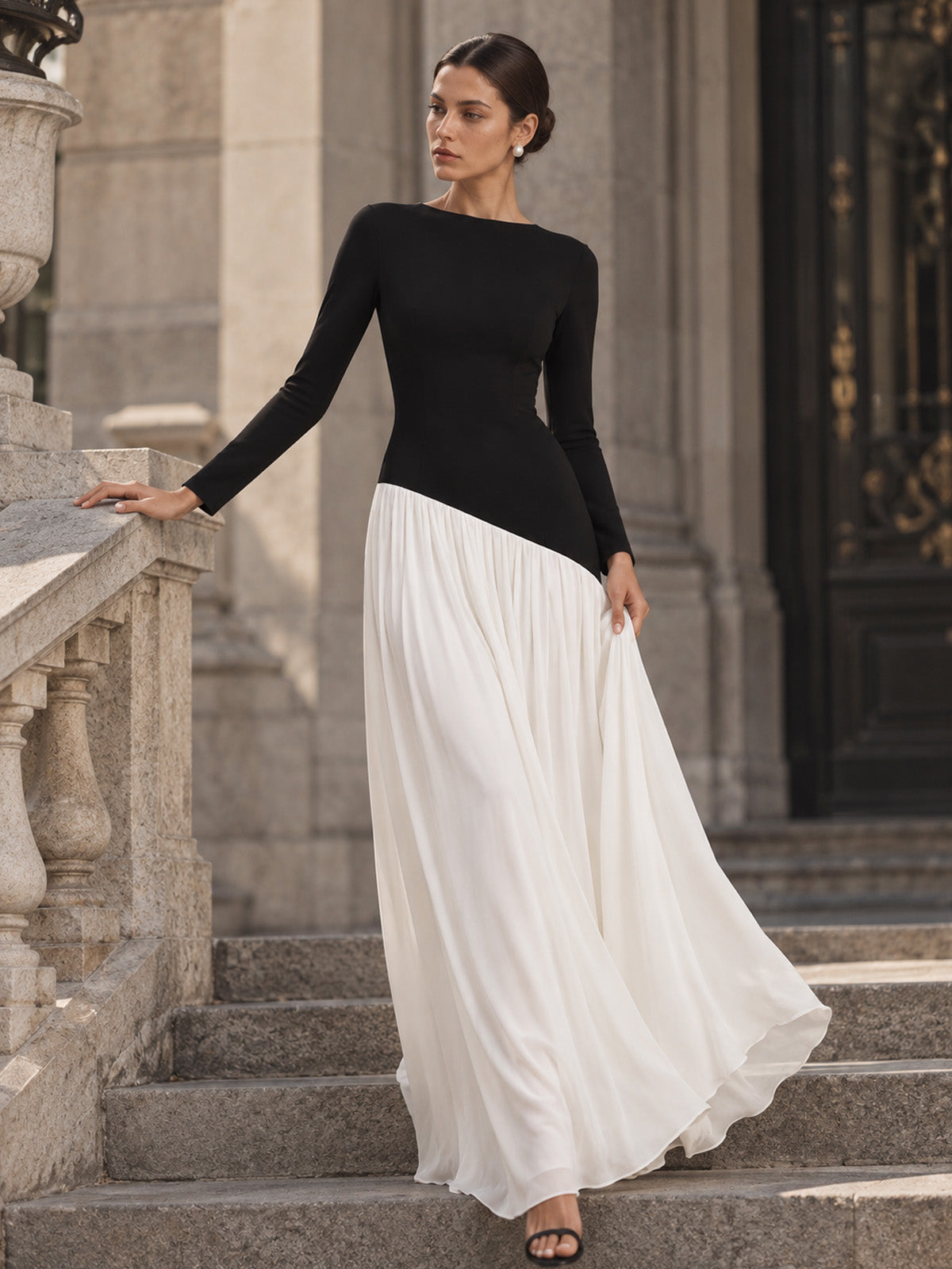 Women’s Black and White Elegant Round Neck Long Sleeve Colorblock A-Line Maxi Dress with Asymmetric Waist and Pleated Detail