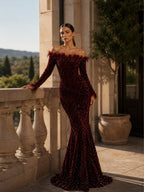 Damen bordeauxrotes, luxuriöses Pailletten-Off-Shoulder-Maxikleid mit langen Ärmeln im Meerjungfrauen-Stil