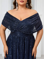 Women’s Navy Blue Glamorous Sequin Mesh V Neck Short Sleeve A-Line Maxi Dress with Pleated Wrap Bodice Detail