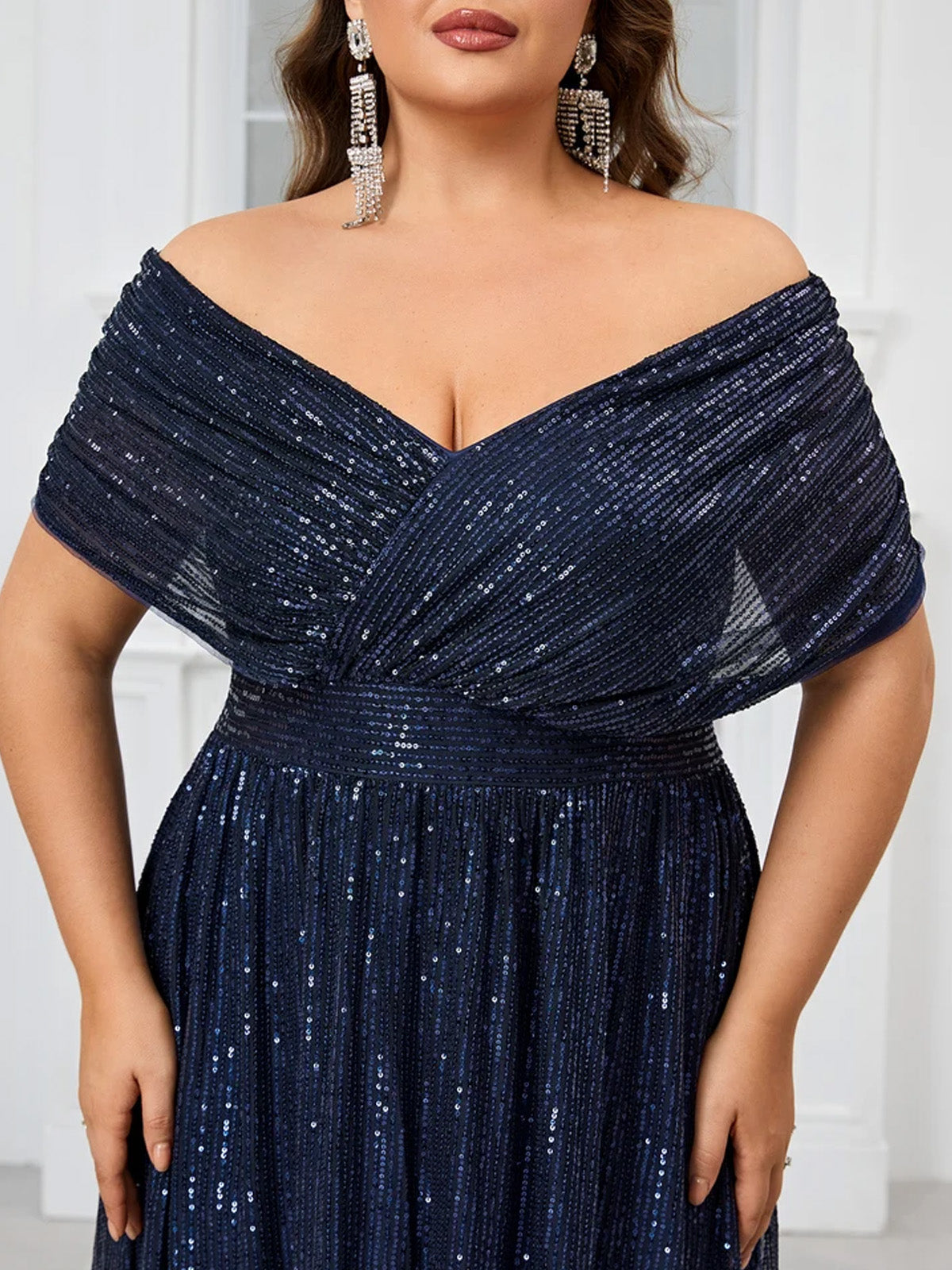 Women’s Navy Blue Glamorous Sequin Mesh V Neck Short Sleeve A-Line Maxi Dress with Pleated Wrap Bodice Detail