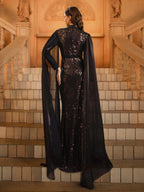 Women’s Black Elegant Sequin Mesh V-Neck Long Cape Sleeve Column Maxi Dress with Chiffon Overlay