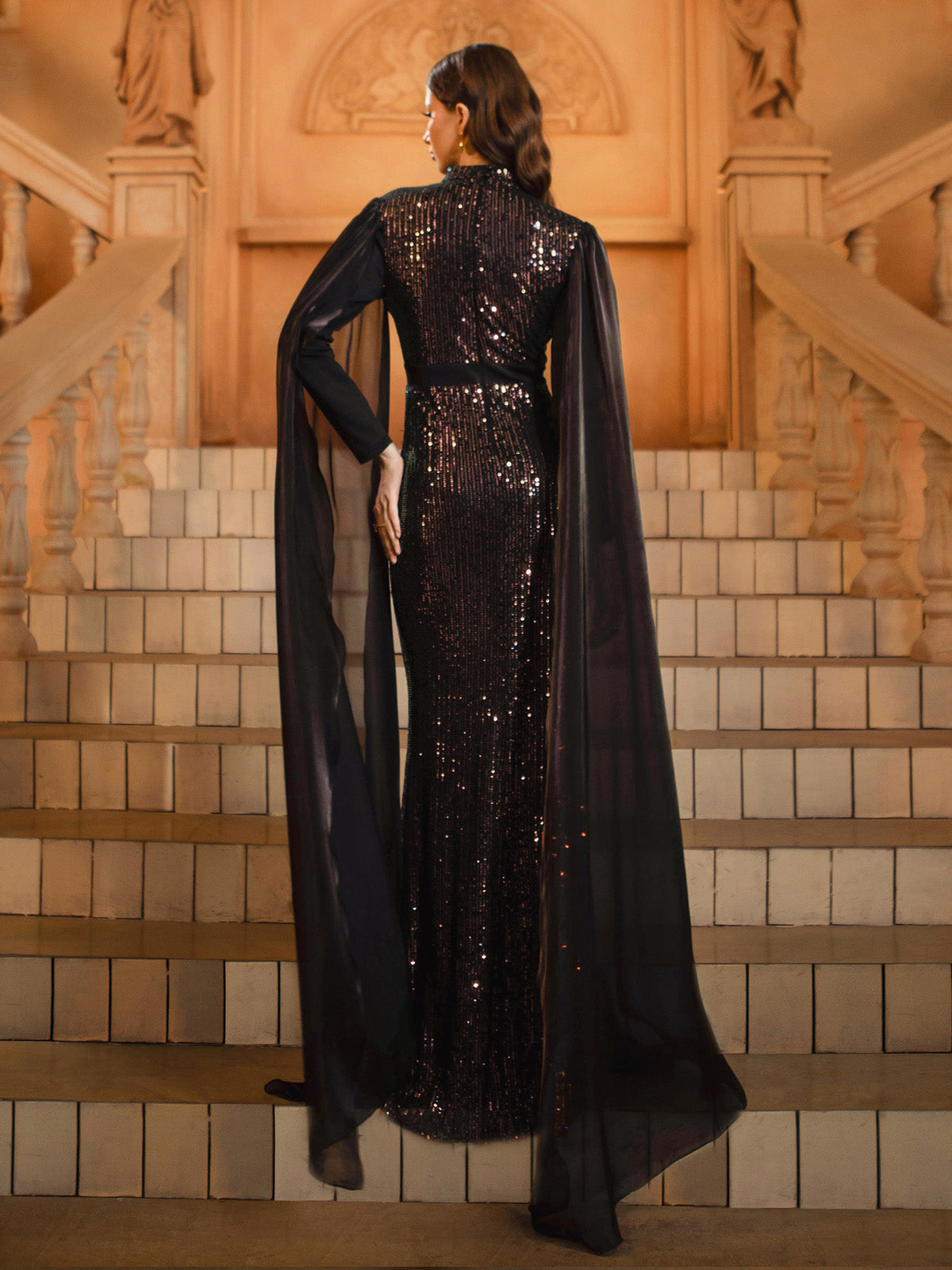 Women’s Black Elegant Sequin Mesh V-Neck Long Cape Sleeve Column Maxi Dress with Chiffon Overlay