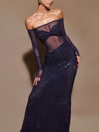 Women’s Navy Blue Elegant Sequin Mesh Off Shoulder Long Sleeve Mermaid Maxi Dress with Sheer Waist