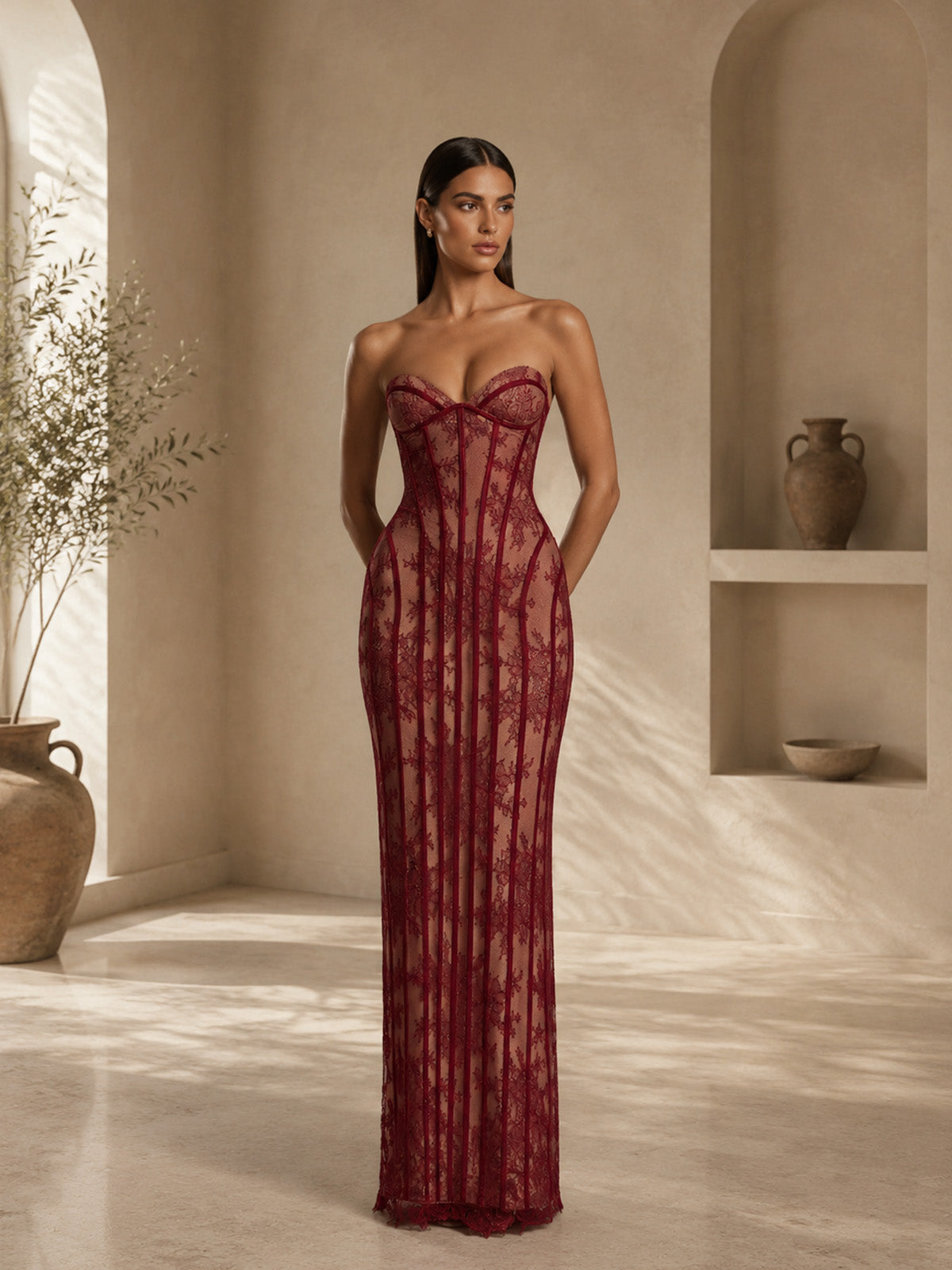 Women’s Black Elegant Lace Strapless Corset Maxi Dress