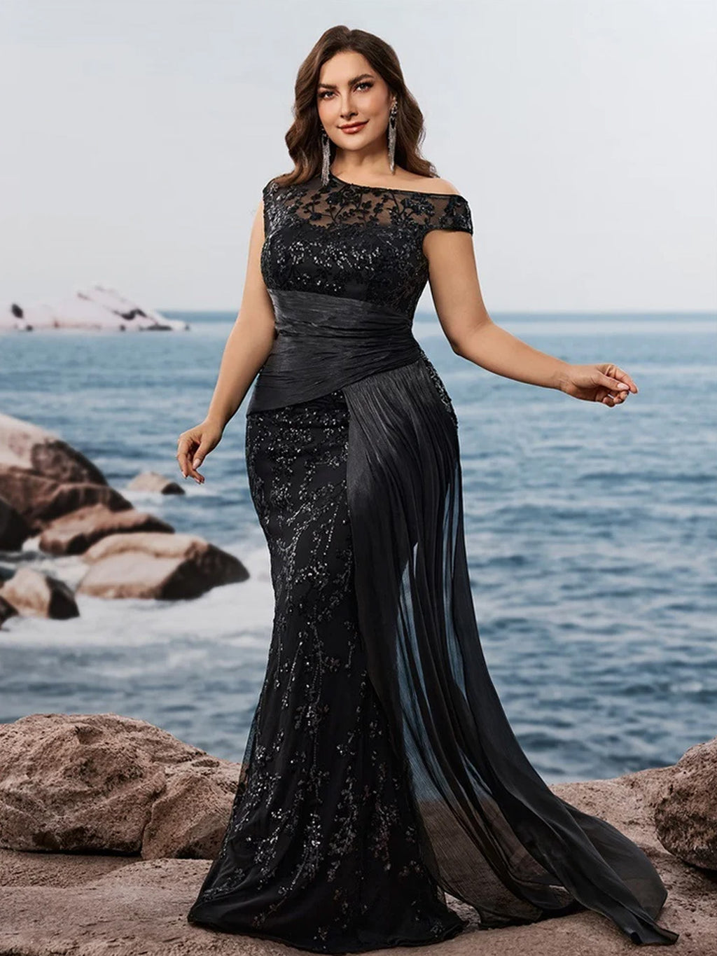 Women’s Black Elegant Sequin Lace Asymmetric Neck Cap Sleeve Mermaid Maxi Dress with Draped Side Panel