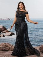Women’s Black Elegant Sequin Lace Asymmetric Neck Cap Sleeve Mermaid Maxi Dress with Draped Side Panel