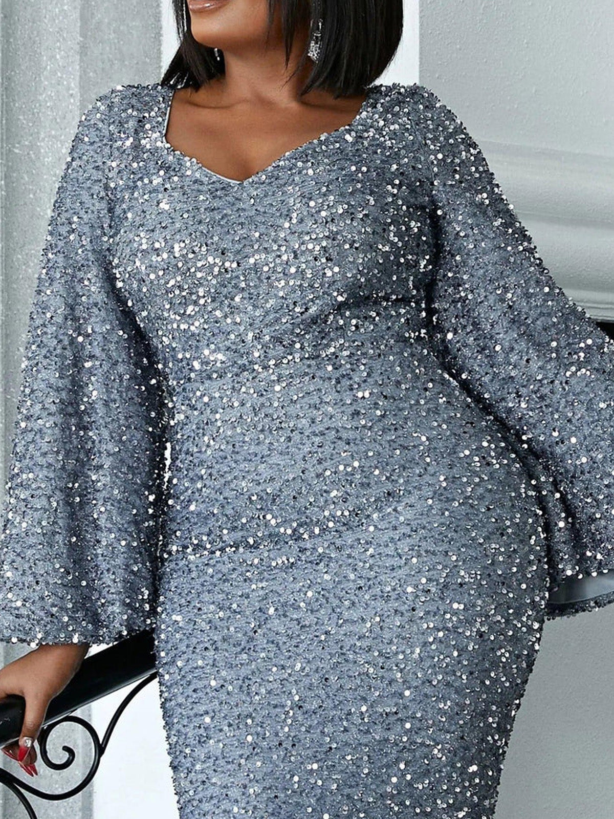 Women’s Silver Blue Glamorous Sequin Mesh V Neck Long Bell Sleeve Mermaid Maxi Dress with Embellished Detail