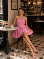 Women’s Pink Romantic Floral Appliqué Strapless Sleeveless A-Line Mini Dress