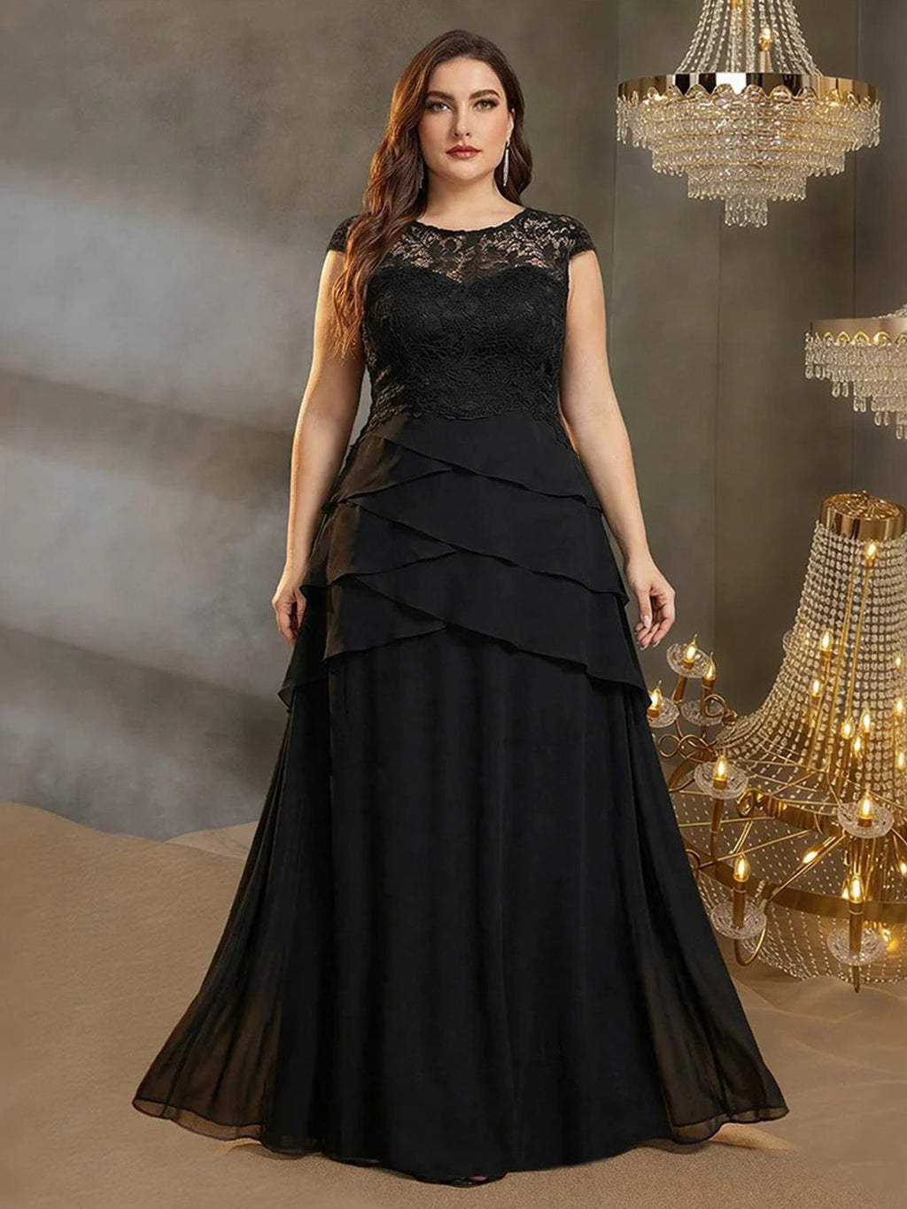 Women’s Black Elegant Lace Round Neck Cap Sleeve Tiered A-Line Maxi Dress with Chiffon Overlay