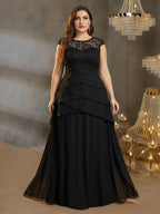 Women’s Black Elegant Lace Round Neck Cap Sleeve Tiered A-Line Maxi Dress with Chiffon Overlay
