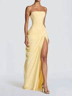 Women’s Pale Yellow Glamorous Strapless Sleeveless Slim Fit Maxi Dress with Ruched High Slit Detail