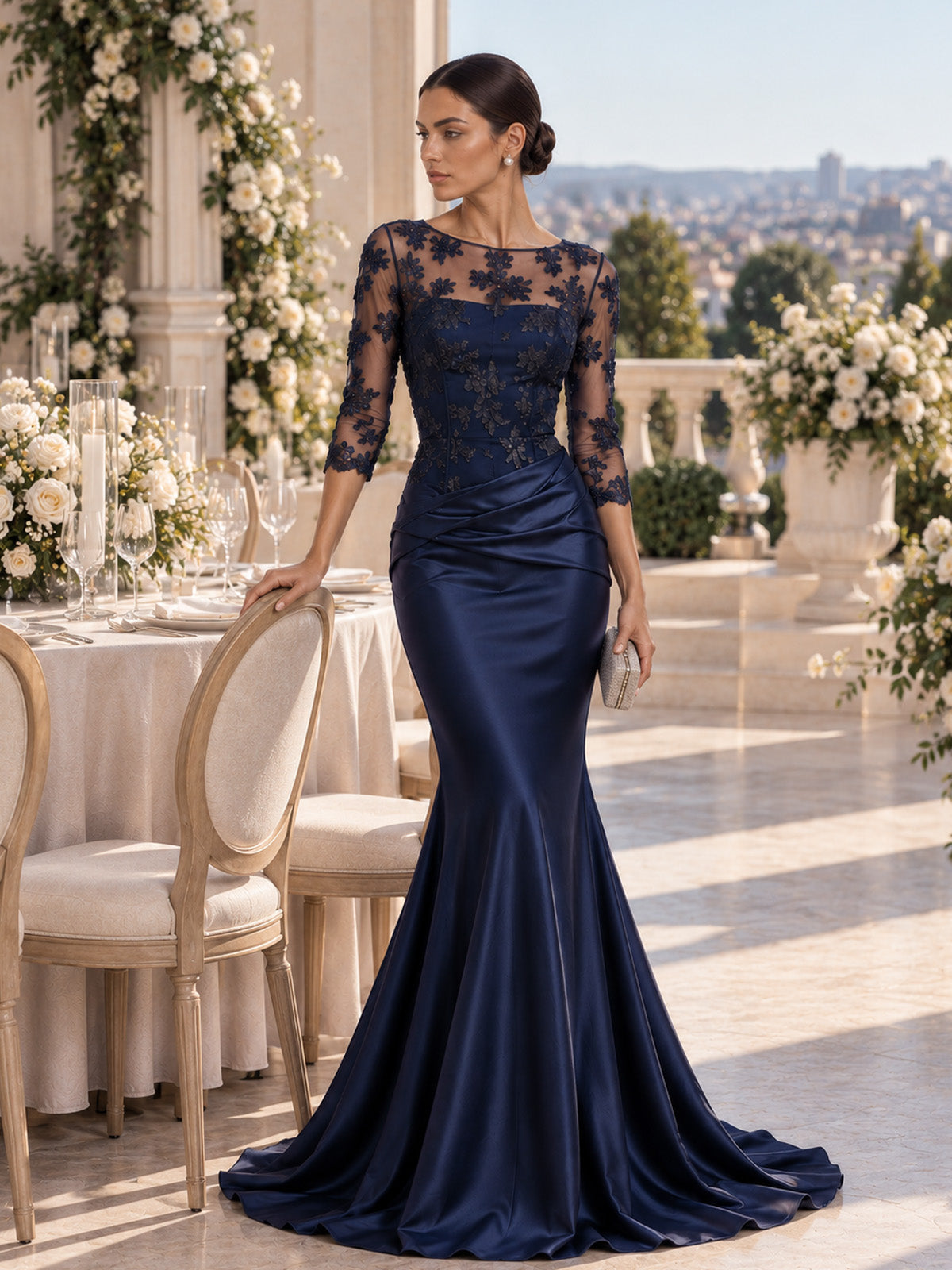 Women’s Navy Blue Elegant Satin Round Neck Sheer Three-Quarter Sleeve Mermaid Maxi Dress with Floral Lace Embroidery and Ruched Detail