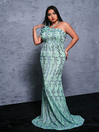 Women’s Mint Green Elegant Sequin Mesh One Shoulder Cap Sleeve Mermaid Maxi Dress with Ruffle Detail