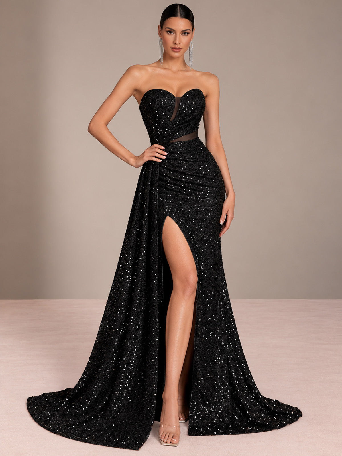 Women’s Champagne Gold Glamorous Sequin One Shoulder Sleeveless Mermaid Maxi Dress with Ruched Detail, High Slit and Lace-Up Back